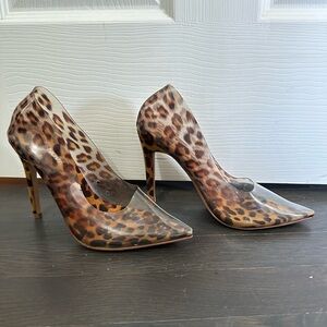Fashion Nova S6 leopard cheetah print clear plastic heels, barely worn